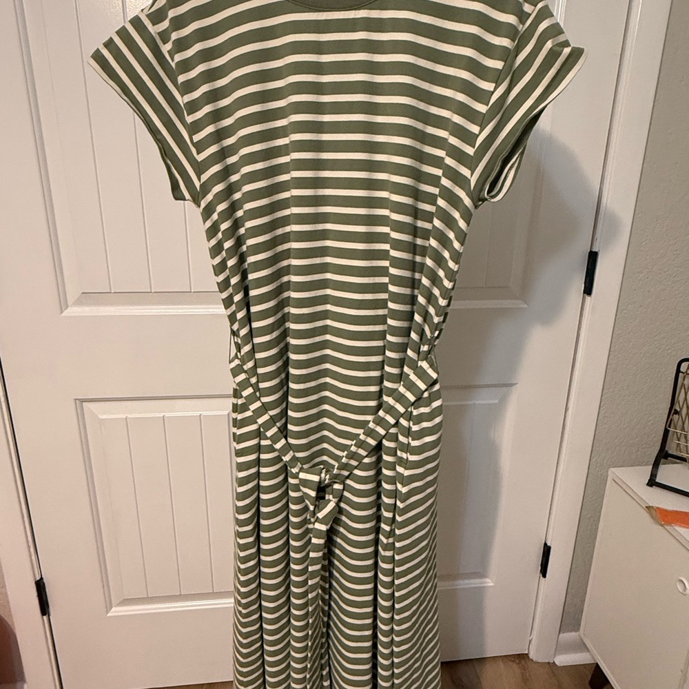 Striped Olive Green and White Dress